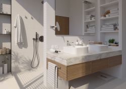 bathroom with shower, double vanity and Aliseo accessories