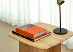 wooden side table from Ligne Roset Contract with lamp and books