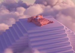 purple steps leading up to platform in the clouds with crumpled bed linen on the top