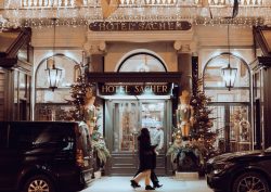 hotel front facade winter scene