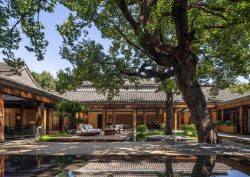 central courtyard at Mandarin Oriental Qianmen with tree and wooden deck