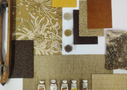 mustard and brown moodboard with Skopos floral as hero