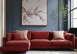 rose pink corner sofa against grey wall