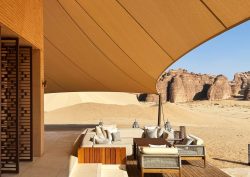 view from tented terrace across the desert at Banyan Tree Alula with design by AW2